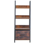 Ladder bookshelf with drawer displaying books and decorative indoor plants