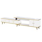 Adjustable plasma TV stand in white and gold with two drawers and sleek design for modern decor.