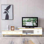 Adjustable plasma TV stand in a stylish living room setup with gold accents and modern decor.