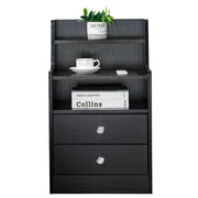 White Bedside Table with Drawers showcasing modern design, two drawers, and decorative top shelf with plant and coffee.