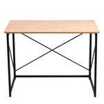 Minimalist Computer Desk with X-Frame Design showcasing a sleek wooden top and sturdy black metal legs.