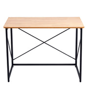 Minimalist Computer Desk with X-Frame Design showcasing a sleek wooden top and sturdy black metal legs.
