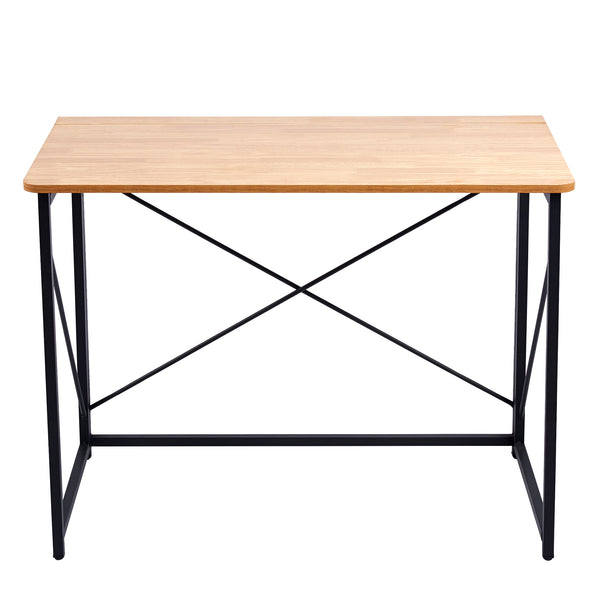 Minimalist Computer Desk with X-Frame Design showcasing a sleek wooden top and sturdy black metal legs.