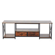 rustic TV stand with storage shelves featuring two fabric drawers and open shelving for stylish media organization.