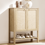 Boho Rattan Storage Cabinet with two doors and bottom shelf for shoes, perfect for living room or entryway organization.