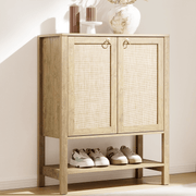 Boho Rattan Storage Cabinet with two doors and bottom shelf for shoes, perfect for living room or entryway organization.