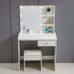 White Dressing Table with LED Mirror featuring a bright mirror and organized shelves for beauty products.