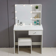 White Dressing Table with LED Mirror featuring a bright mirror and organized shelves for beauty products.