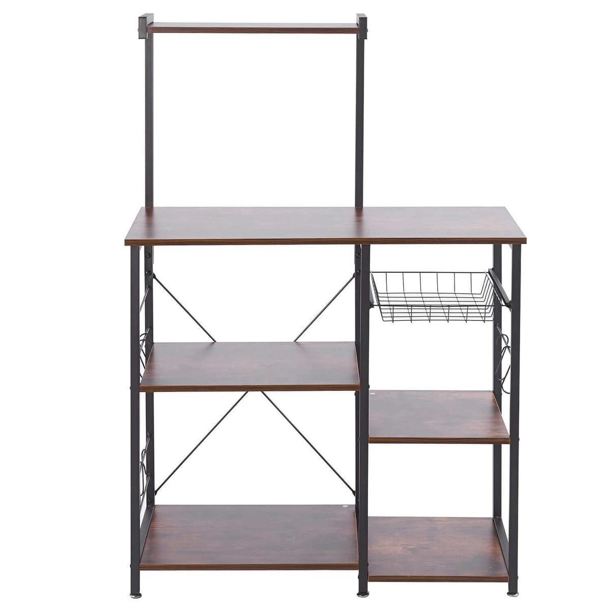 Kitchen Baker's Rack with microwave stand and wire basket, perfect for organizing kitchen space.
