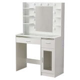 LED Vanity Desk with charging station, RGB glass top, and illuminated mirror for beauty routines.