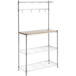 Heavy-Duty Baker's Rack with wood top and hooks for kitchen organization and storage.