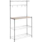 Heavy-Duty Baker's Rack with wood top and hooks for kitchen organization and storage.