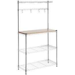 Heavy-Duty Baker's Rack with wood top and hooks for kitchen organization and storage.