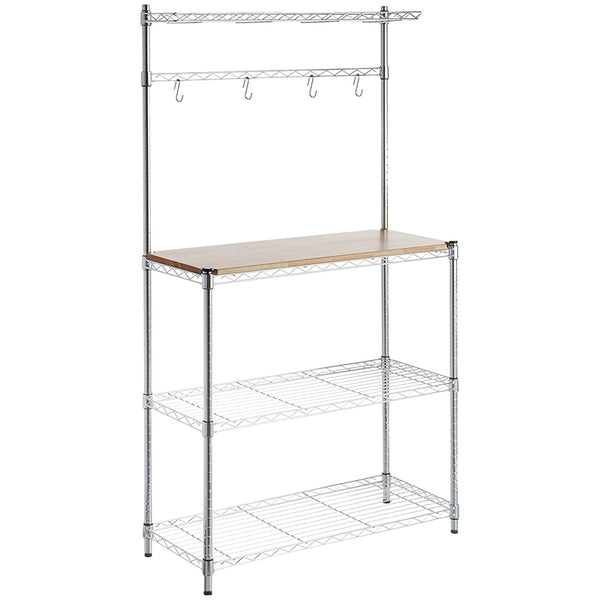 Heavy-Duty Baker's Rack with wood top and hooks for kitchen organization and storage.