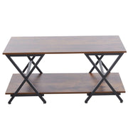 Sturdy X-shaped metal legs supporting industrial rustic coffee table