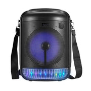 Portable bluetooth party speaker SP-816 with colorful party lights and carrying strap.
