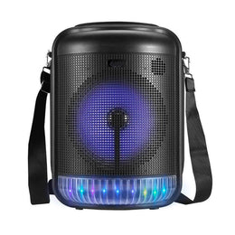 Portable bluetooth party speaker SP-816 with colorful party lights and carrying strap.