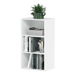 white 3-tier bookshelf for home office with books and decorative plant on top