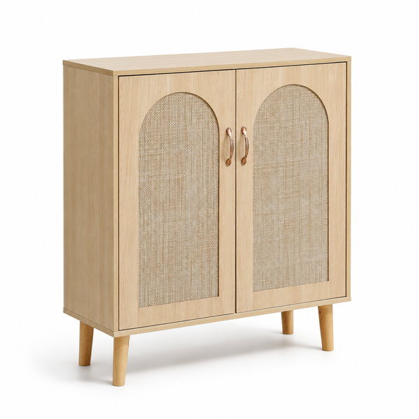 Arched Rattan Shoe Cabinet with 2 doors, perfect for stylish and organized entryways.