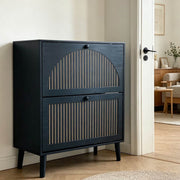 2-Door Flip Shoe Cabinet in black with gold-tone trim, designed to hold 12–16 pairs of shoes.