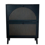 2-Door Flip Shoe Cabinet with modern design and gold-tone vertical trim for stylish storage.