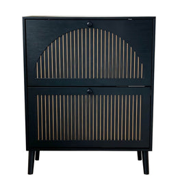2-Door Flip Shoe Cabinet with modern design and gold-tone vertical trim for stylish storage.