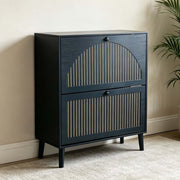 2-Door Flip Shoe Cabinet with modern design and gold-tone vertical trim, perfect for stylish shoe storage.