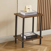 Industrial 2-Tier Side Table CT-331 with books and clock on display, showcasing its compact and versatile design.
