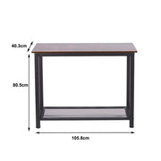 Console Table dimensions: 105.8cm width, 40.3cm height, 80.5cm depth, featuring rustic wood and black metal design.