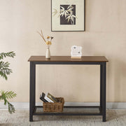 Console Table 2 Tier Rustic Entryway featuring retro brown wooden top and black metal frame.