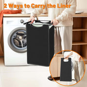 3-Compartment Laundry Sorter shown with liner and handles for easy carrying next to a washing machine.