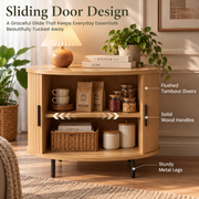 Oval Side Table with Storage and Sliding Tambour Doors