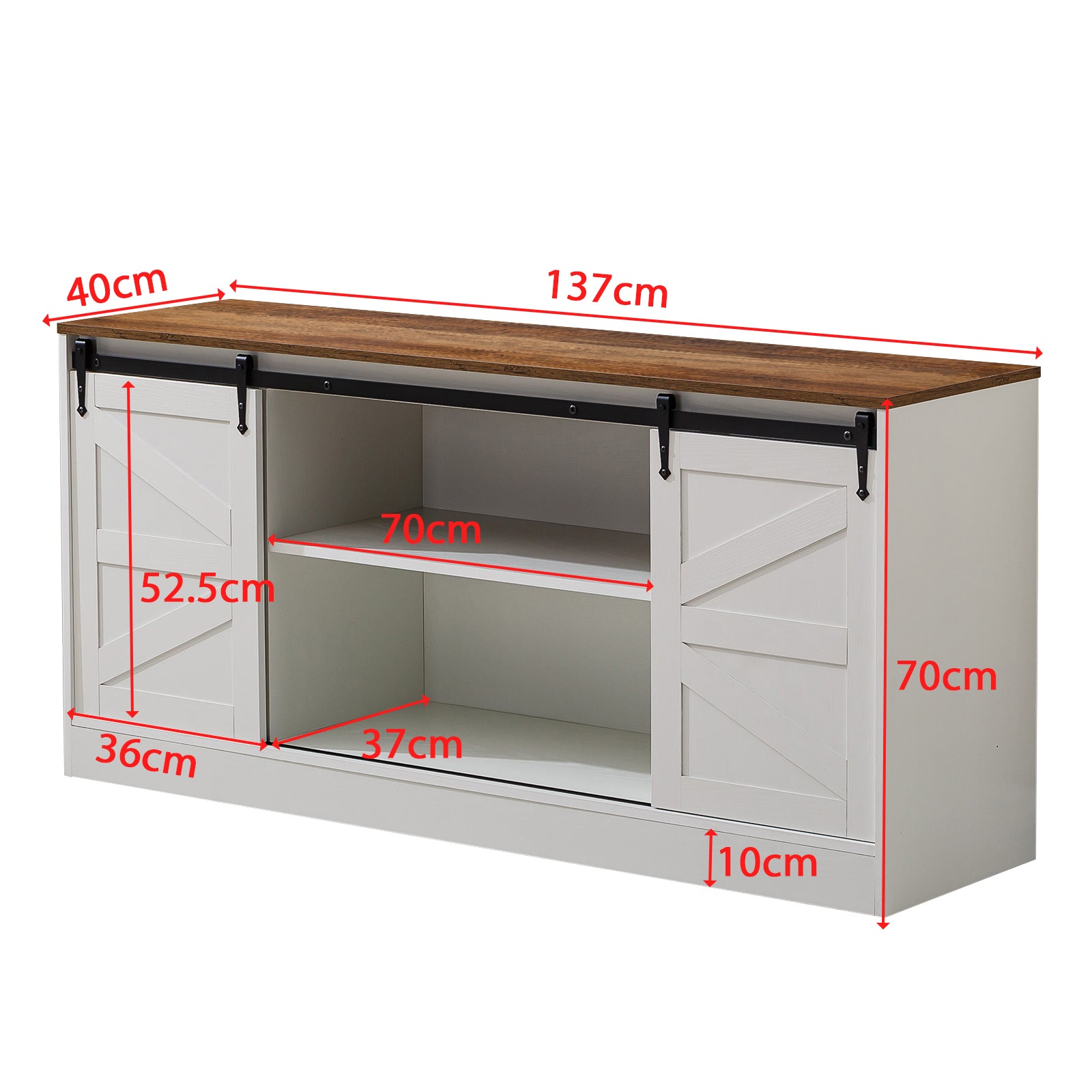 Farmhouse Sliding TV Stand dimensions and features showcasing rustic design and modern functionality.