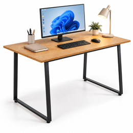 150cm large home office computer desk with light wood top and black metal frame