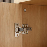 Close-up of the hinge detail on the Arched Rattan Shoe Cabinet, showcasing its modern design and quality hardware.