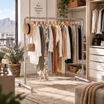 Freestanding garment rack with wheels and durable metal frame for home clothing organisation
