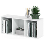 white 3-tier bookshelf for home office featuring books, decorative plants, and office supplies.
