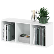 white 3-tier bookshelf for home office featuring books, decorative plants, and office supplies.