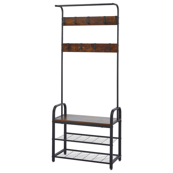 Industrial 4-in-1 Hall Tree & Shoe Bench with removable hooks and rustic wood design.