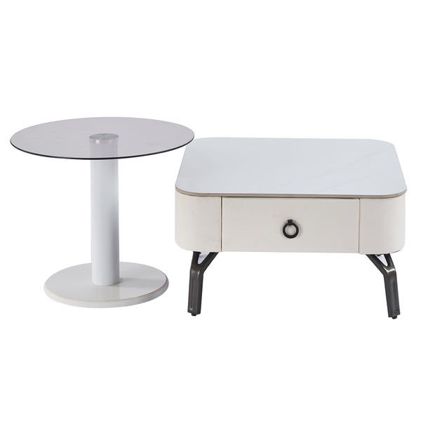 Nesting Coffee Table Set White Stone and Glass