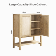 Large Boho Rattan Storage Cabinet with dimensions, showcasing natural wood design and open doors.