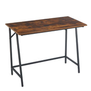 compact computer desk for students with a rustic wooden surface and sturdy metal frame, ideal for small spaces.