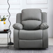 Dakota recliner armchair in plush grey PU leather, featuring deep cushioning and a modern design for ultimate comfort.