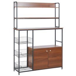 Multi-tier storage rack kitchen shelf with metal frame and wood boards