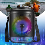 Portable bluetooth party speaker SP-816 with colorful party lights, perfect for indoor and outdoor events.