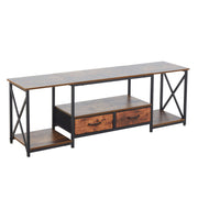 rustic TV stand with storage shelves featuring two fabric drawers and an industrial design.