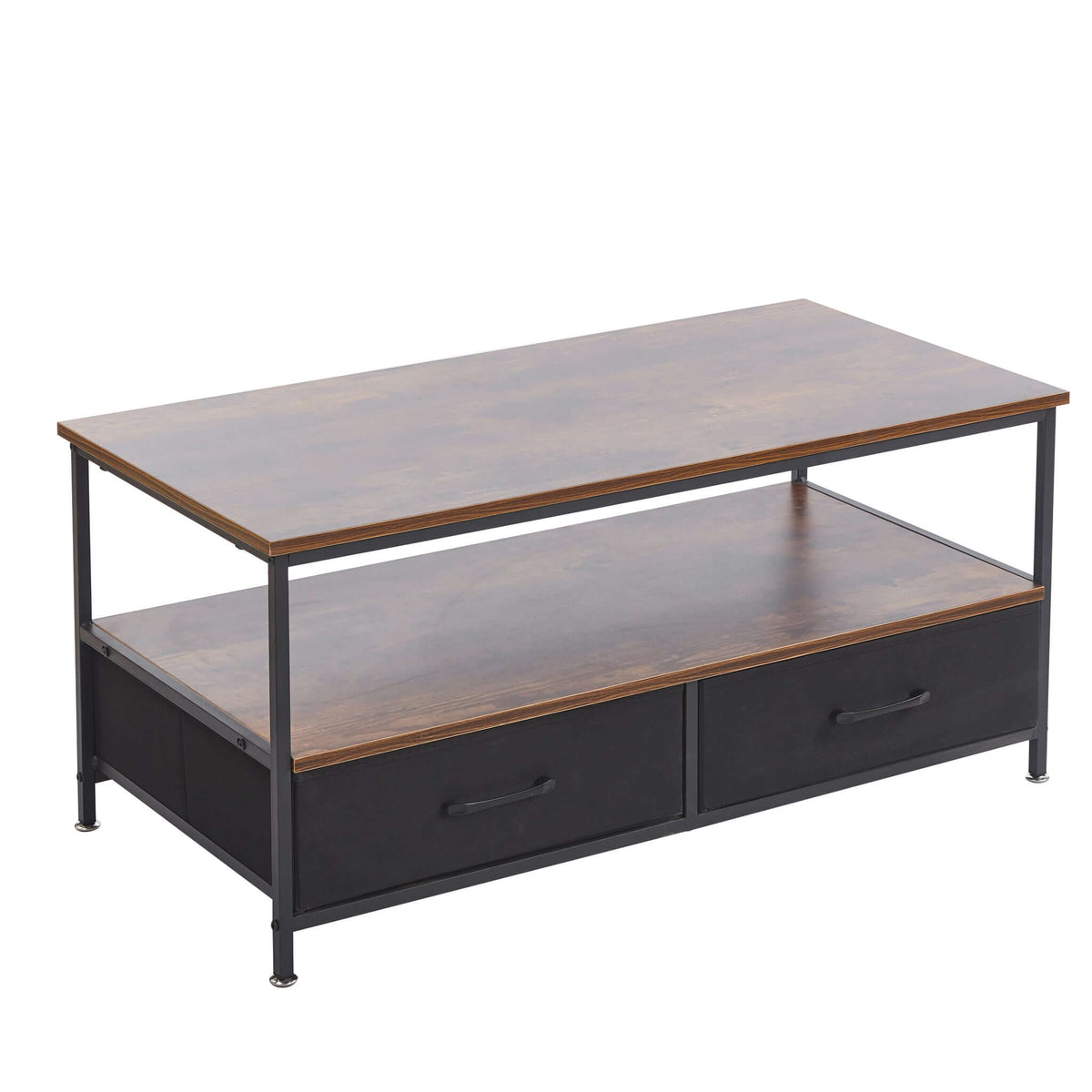 Two-tiered coffee table with wooden top and black metal frame on a white background