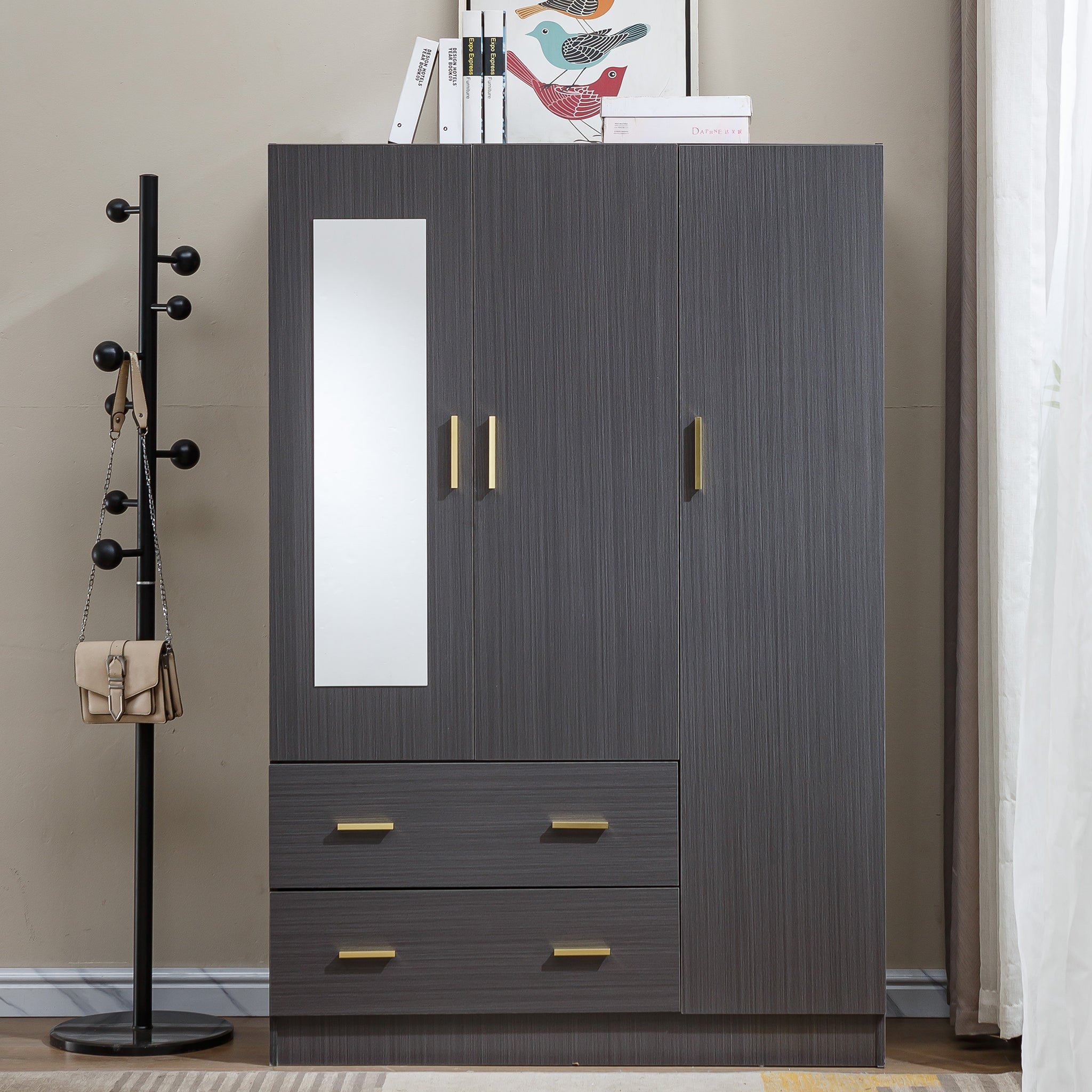3 Door Wardrobe with Mirror Closet Clothes Storage  WD-115 Straight Oak