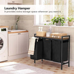 3-Compartment Laundry Sorter with Wood Shelf for organized laundry space in a stylish setting.