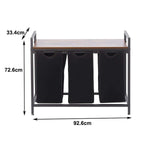3-Compartment Laundry Sorter with Wood Shelf showcasing dimensions and design features.